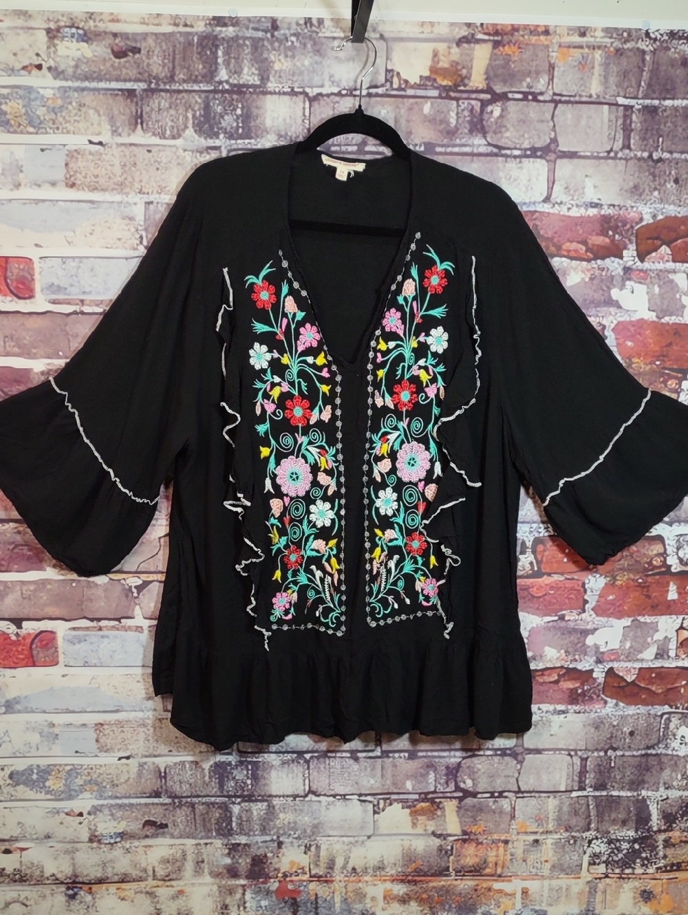 grand & greene Black Floral Embroidered Boho Tunic